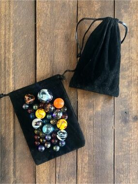 Glass Marble Set with Velvet Drawstring Pouches - Multi Color